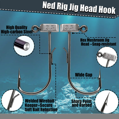 9KM Ned Rig Jig Head Hook 10-20pcs Mushroom Jig Hooks with Welded Wire Bait Keeper