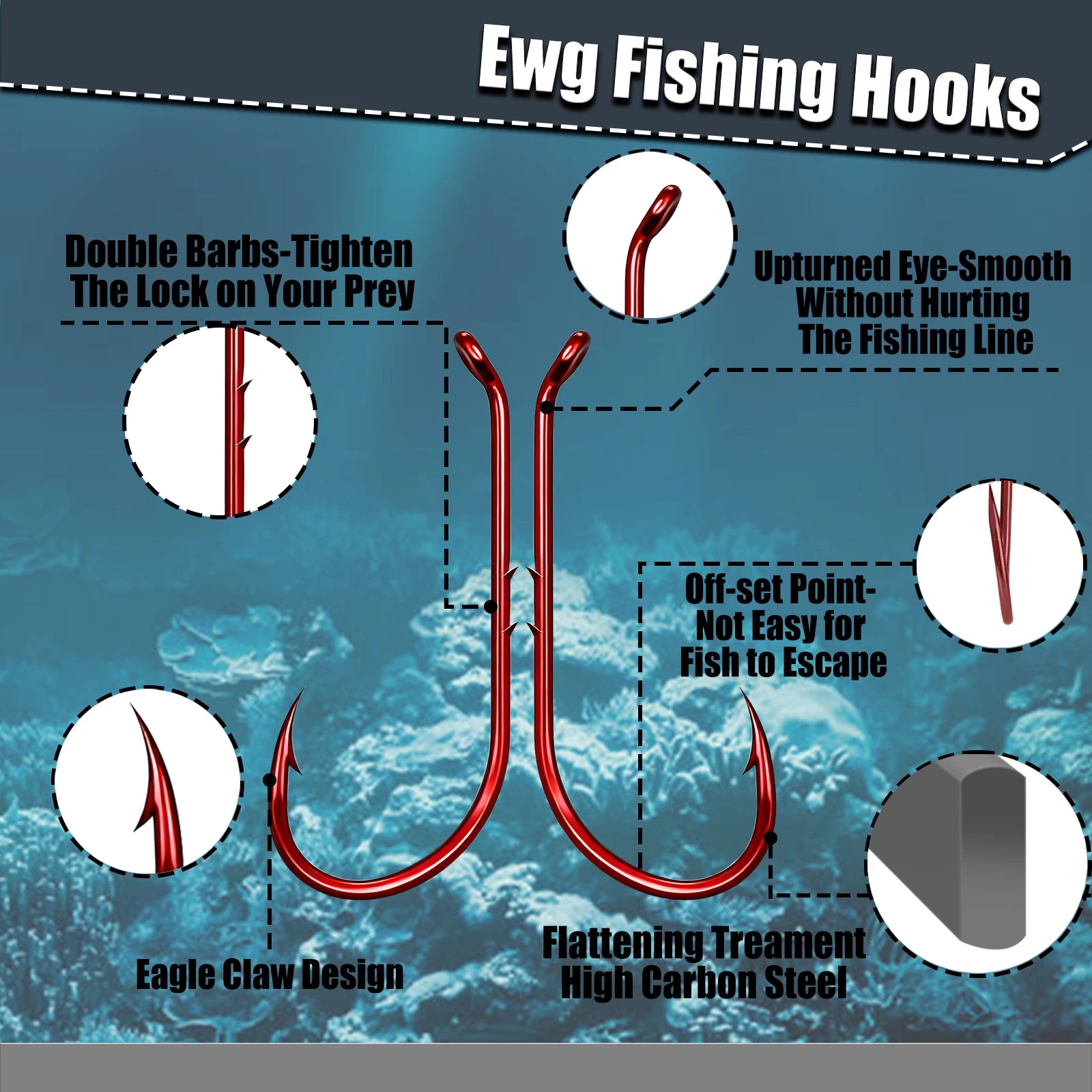 Baitholder Fishing Hooks 50-200pcs Red Double Barbed Long Shank Offset