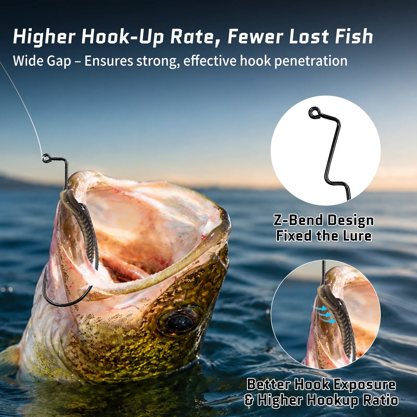 9KM Z-Bend EWG Worm Hook 25pcs Non-offset Soft Plastic Hook for Texas Rig Carolina Rig
