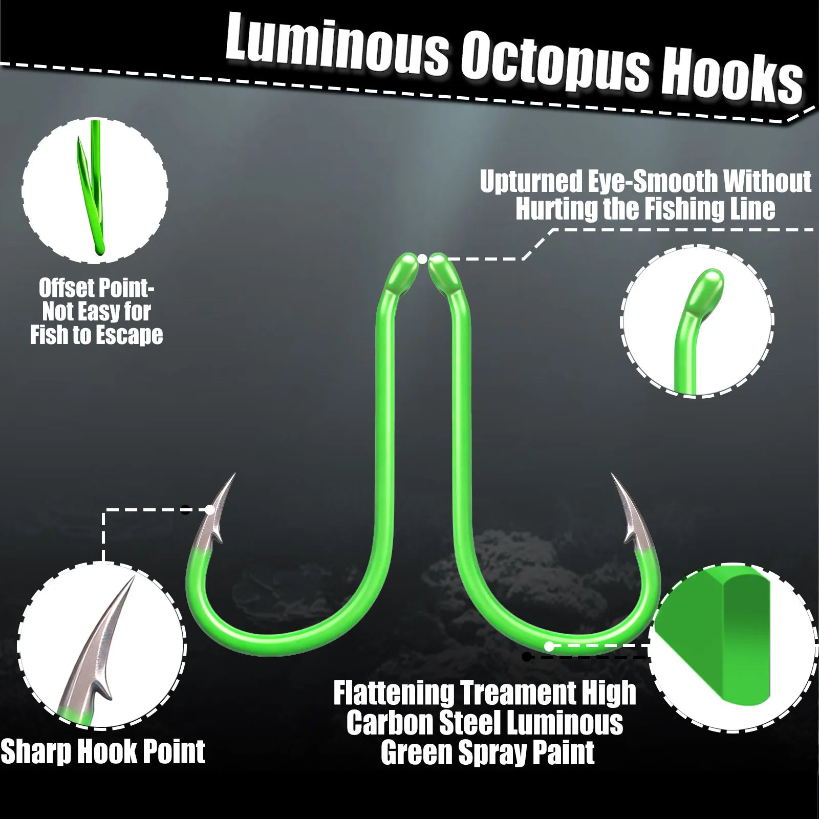 9KM Fishing Octopus Hook 25-100pcs Luminous Fishing Hook Offset Heavy Duty Live Bait Hook