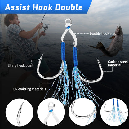 Fishing Assist Hook 10-20pcs Double Pair Barbed Hook with Blue Feather