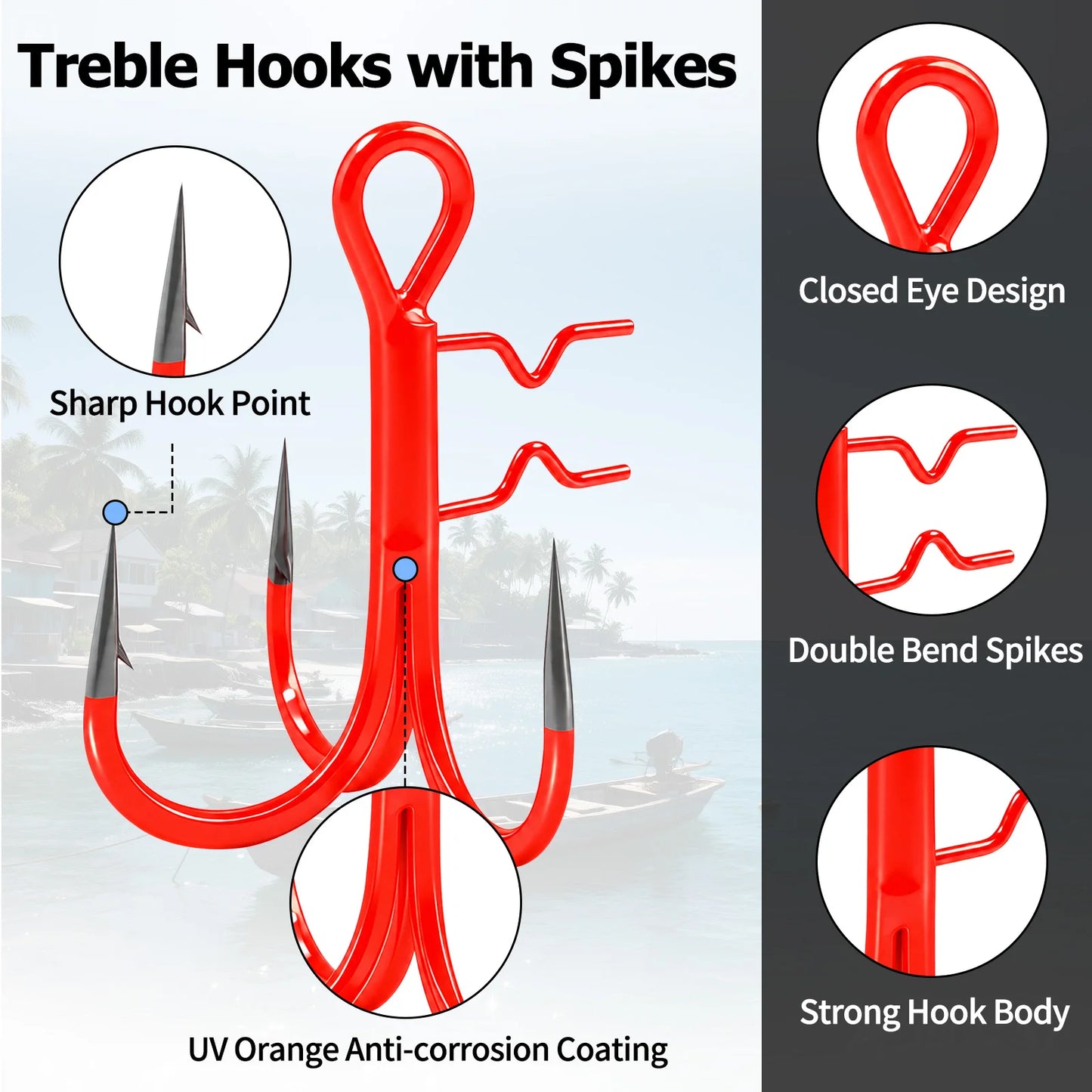 9KM UV Orange Fishing Treble Hook with Baitholder Spikes for Swimbait 5pcs Sting Rig Replacement Hook