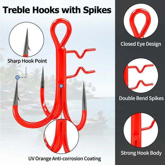 9KM UV Orange Fishing Treble Hook with Baitholder Spikes for Swimbait 5pcs Sting Rig Replacement Hook