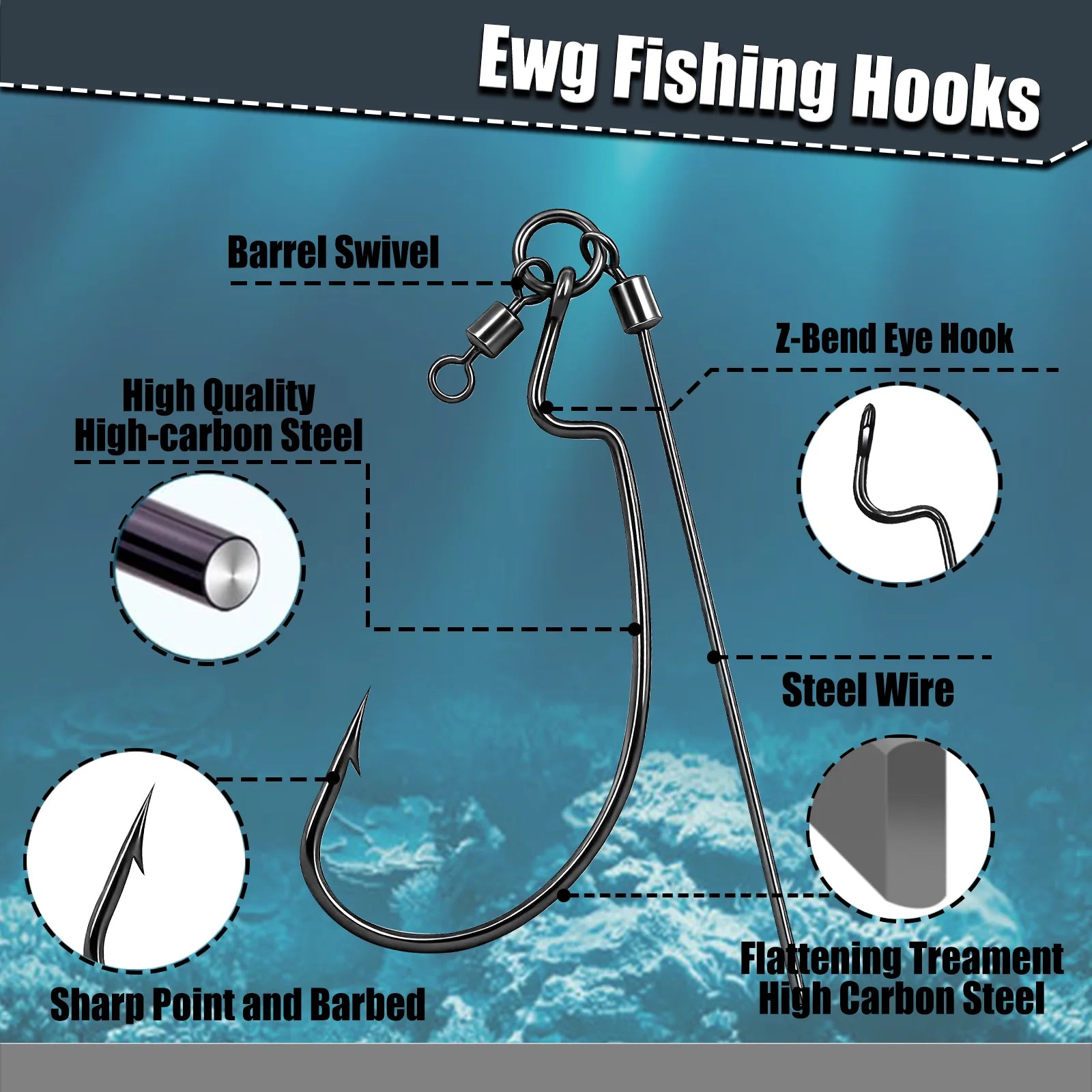 9KM Tokyo Rig 10pcs Fishing Hooks Weedless Bass Rig for Soft Plastic Worm Craw Swimbait