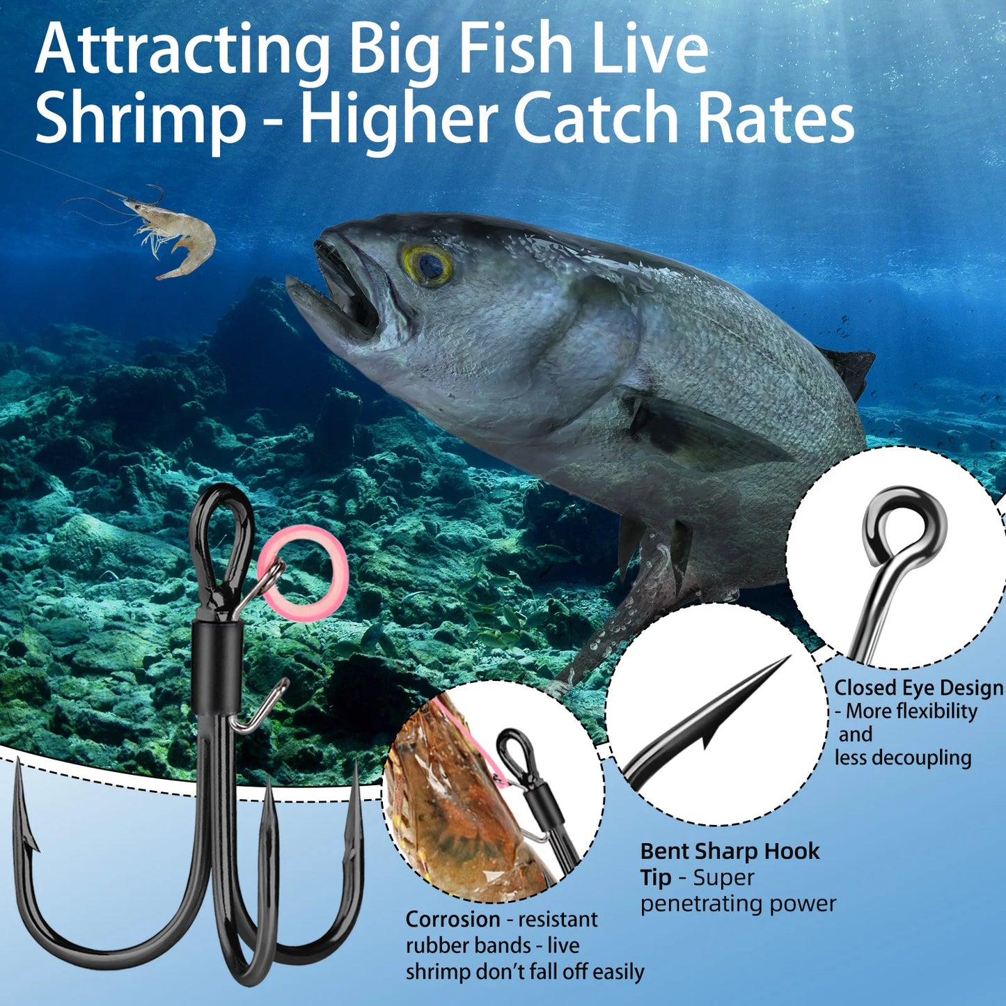 10PCS Black Treble Hooks with Bait Holder Ring High Carbon Steel