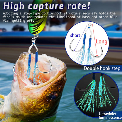 Fishing Assist Hook 10-20pcs Double Pair Barbed Hook with Blue Feather