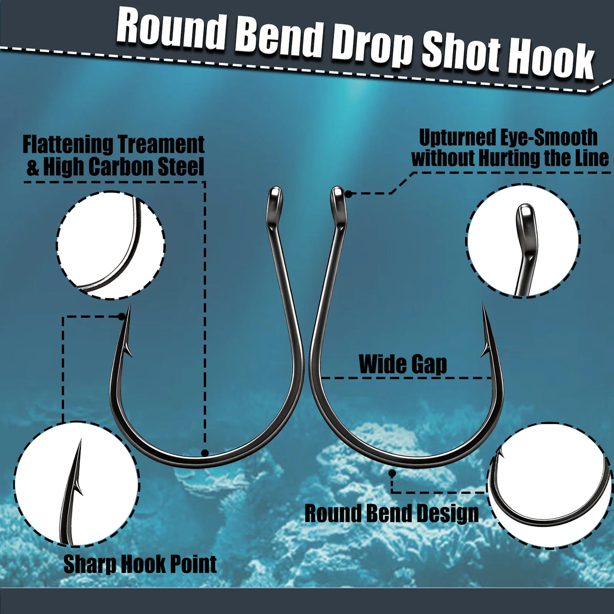Drop Shot Hook 50pcs Round Bend Fishing Hook for Soft Plastic Worm Bass Wallye Fishing Drop Shot Rig