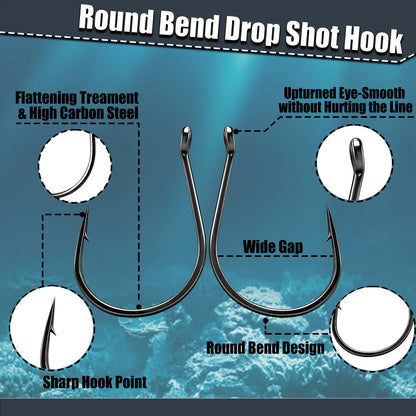 Drop Shot Hook 50pcs Round Bend Fishing Hook for Soft Plastic Worm Bass Wallye Fishing Drop Shot Rig