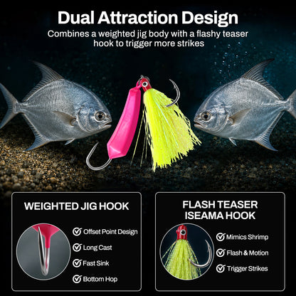 Pompano Jig with Teaser Hooks 5pcs Surf Fishing Jig Heads Saltwater Stand-Up Banana Shape Swimbait Jigs