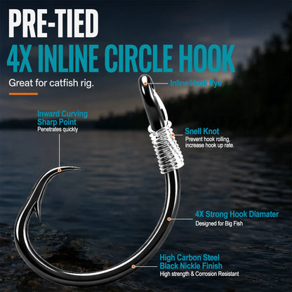 9KM Pre-Tied Inline Circle Hook 5-10pcs 4X Strong Non-Offset Fishing Hook with Leader Line for Surf Rig Saltwater