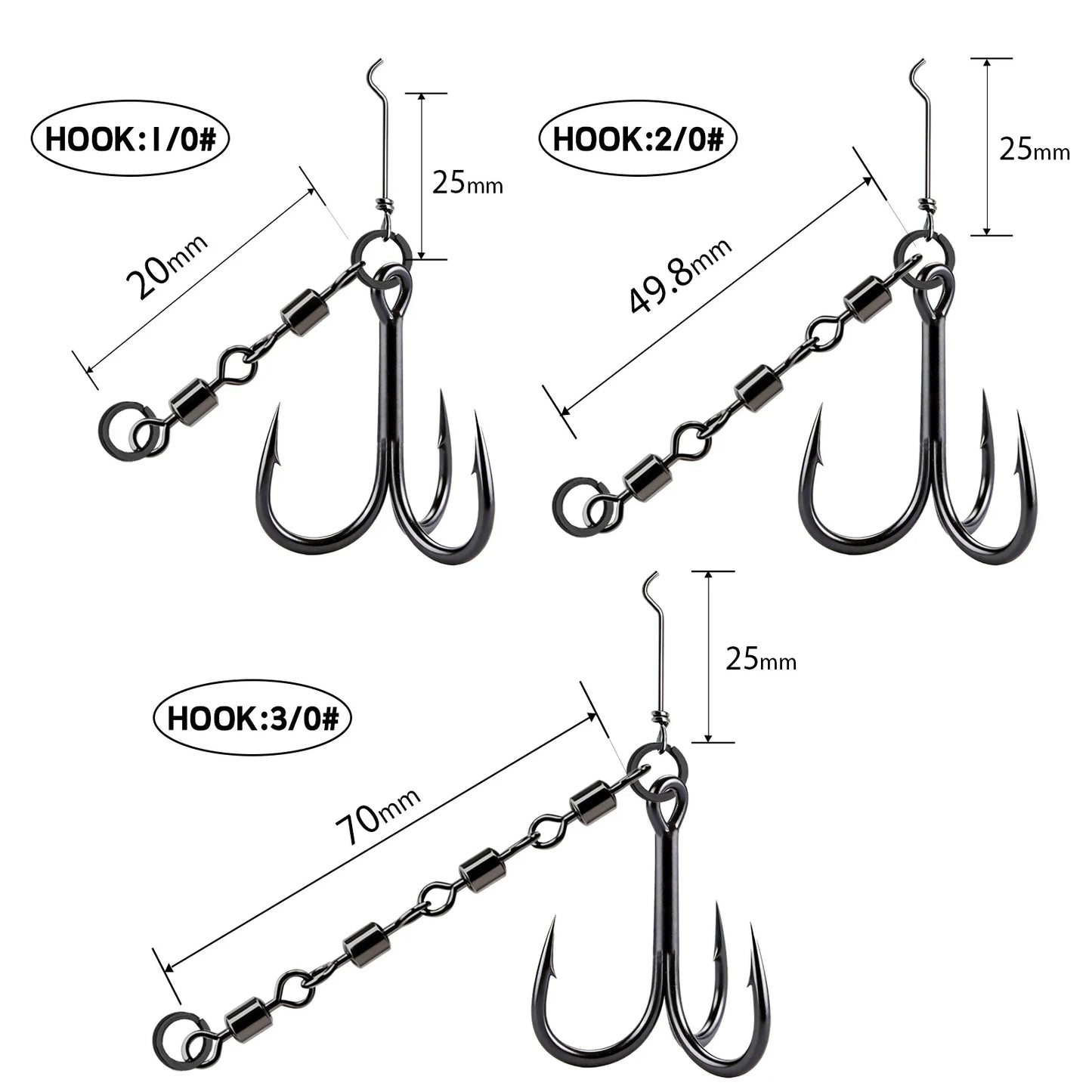 9KM Black Treble Hooks with Snap Swivels Set High Carbon Steel