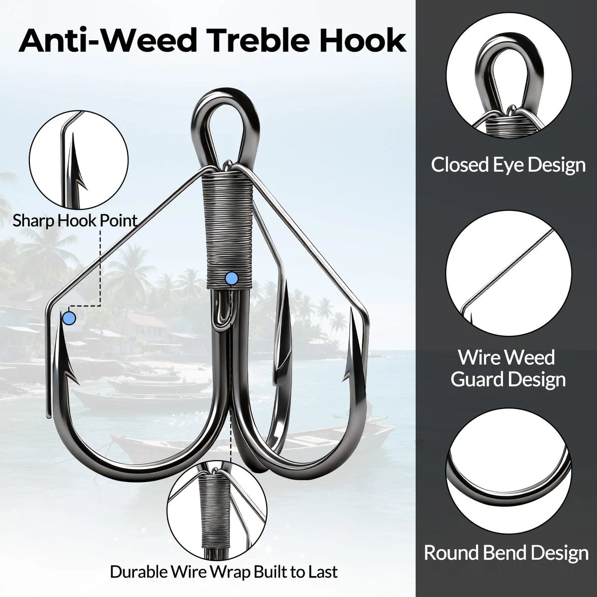 9KM Weedless Treble Hook 8pcs-24pcs Replacement Hooks for Baits Triple Hook with Weedless Wire Guard