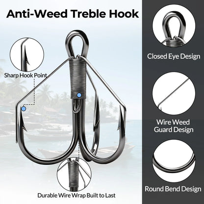 9KM Weedless Treble Hook 8pcs-24pcs Replacement Hooks for Baits Triple Hook with Weedless Wire Guard
