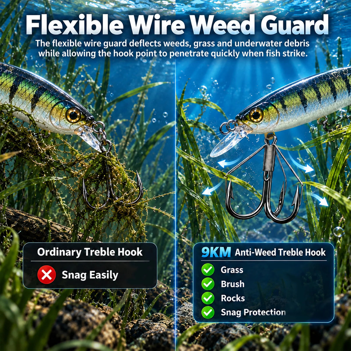 9KM Weedless Treble Hook 8pcs-24pcs Replacement Hooks for Baits Triple Hook with Weedless Wire Guard