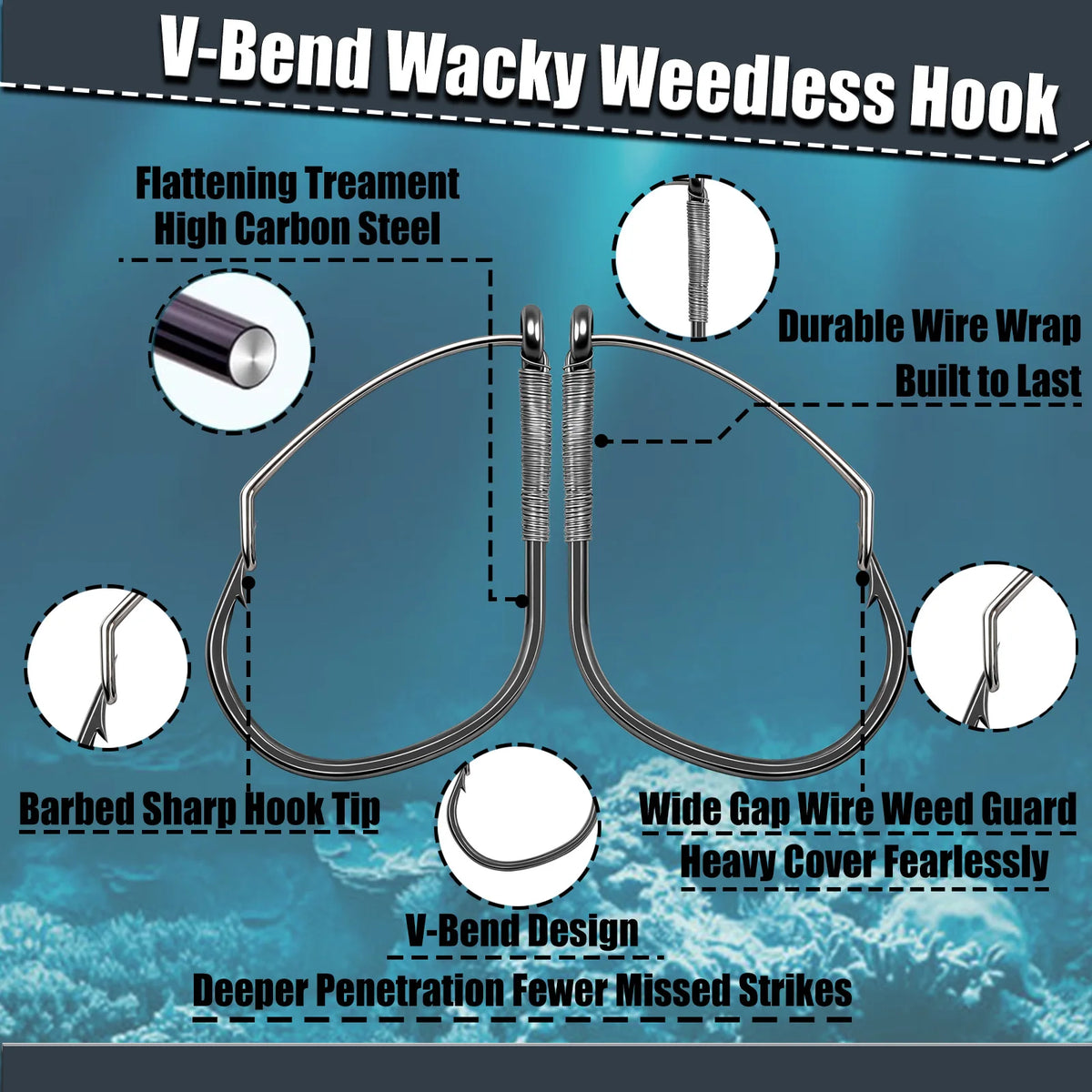 9KM Weedless Wacky Rig Hook 50-200pcs V-Bend Worm Hook with Wire Guard for Bass Fishing Neko Wacky Texas Rig