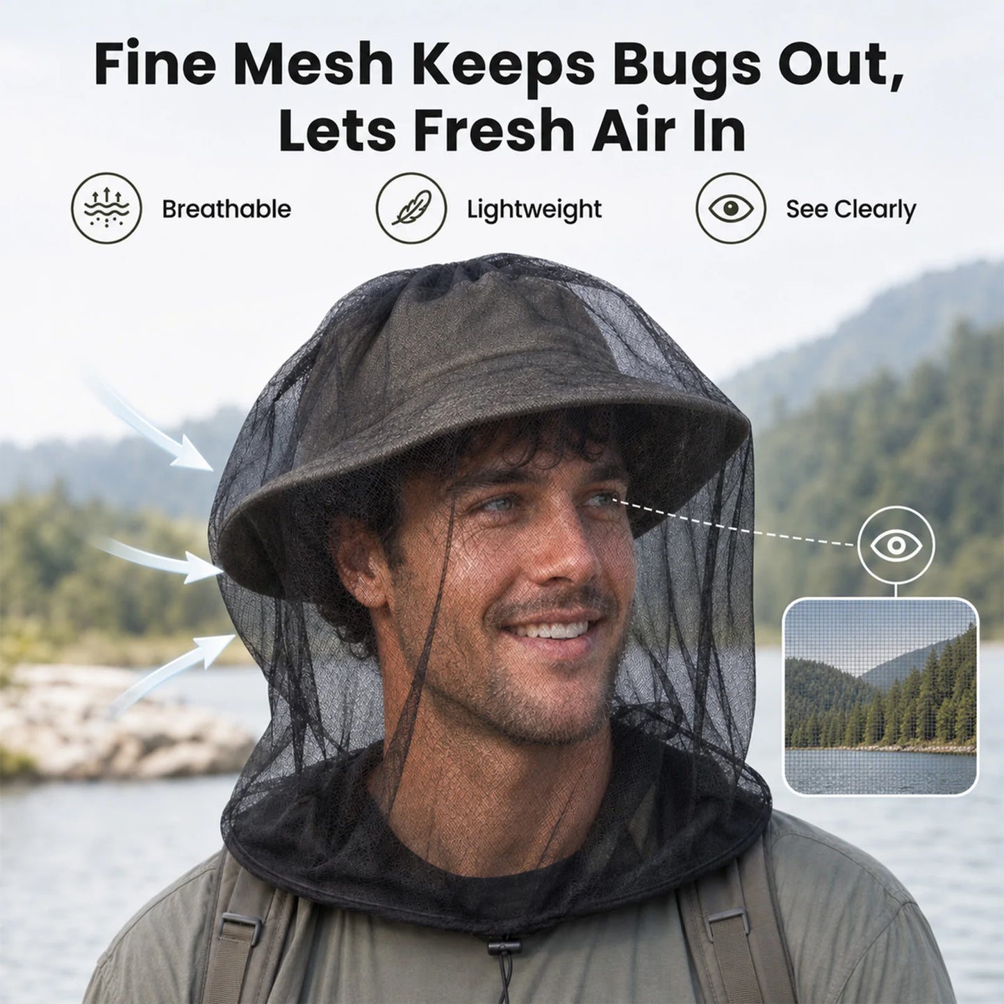 9KM Mosquito Head Net Breathable Bug Protection for Outdoor 2Pcs Mosquito Net with Adjustable Drawstring