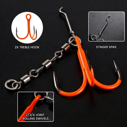 9KM Orange Treble Hooks with Snap Swivels Set