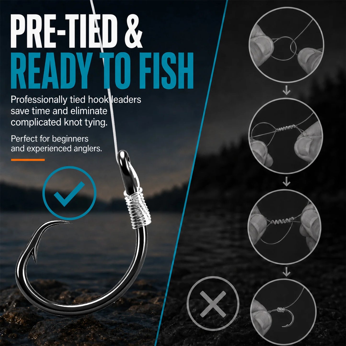 9KM Pre-Tied Inline Circle Hook 5-10pcs 4X Strong Non-Offset Fishing Hook with Leader Line for Surf Rig Saltwater