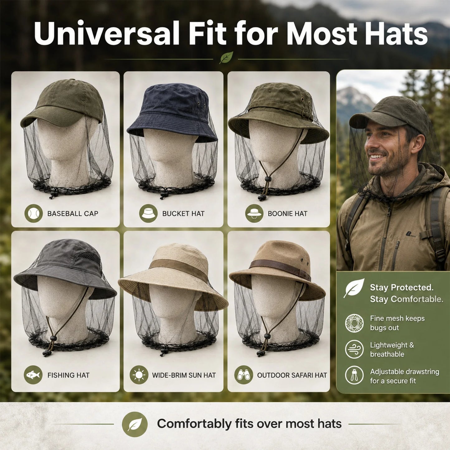 9KM Mosquito Head Net Breathable Bug Protection for Outdoor 2Pcs Mosquito Net with Adjustable Drawstring