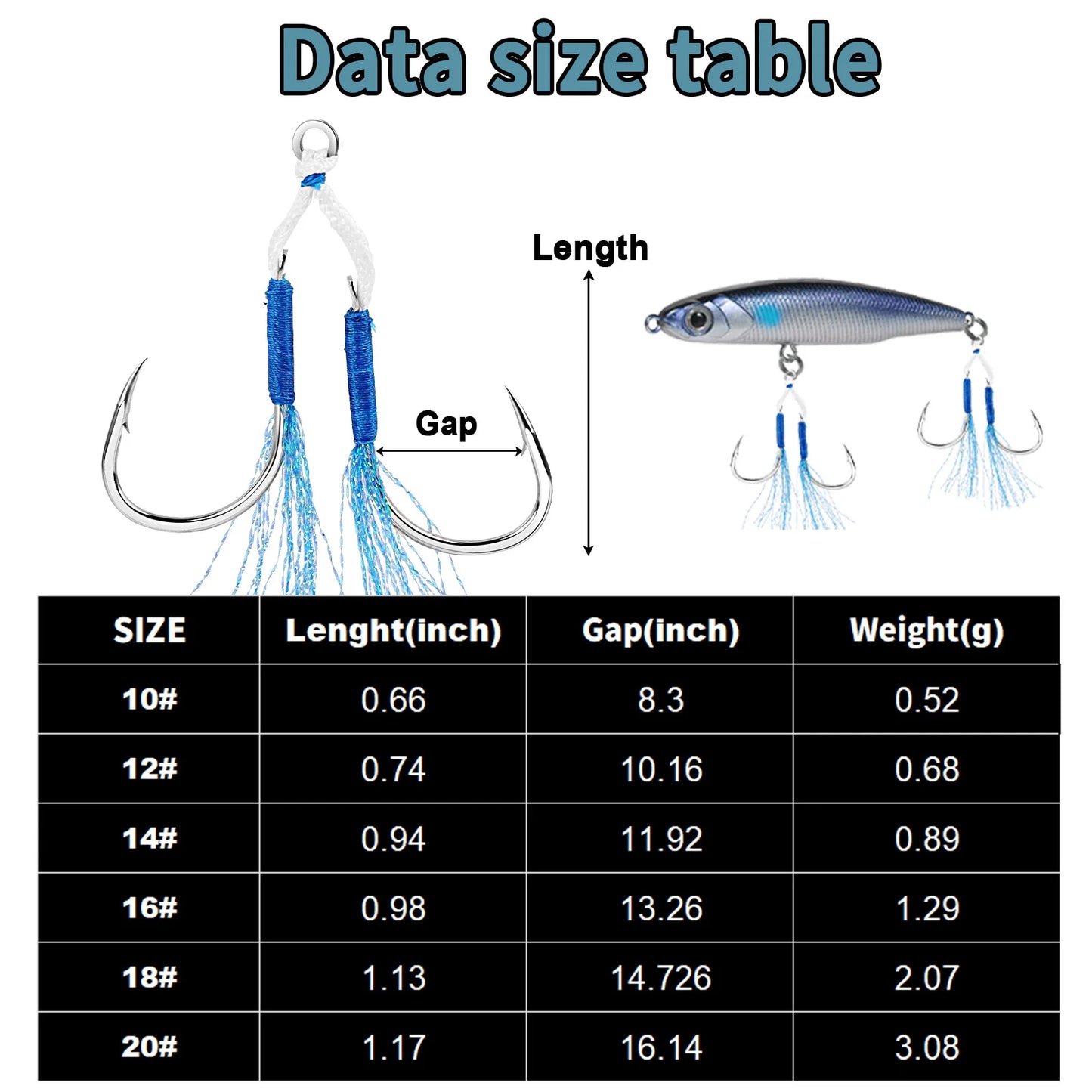 Fishing Assist Hook 10-20pcs Double Pair Barbed Hook with Blue Feather