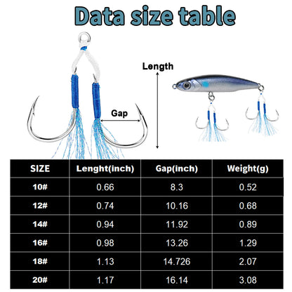 Fishing Assist Hook 10-20pcs Double Pair Barbed Hook with Blue Feather