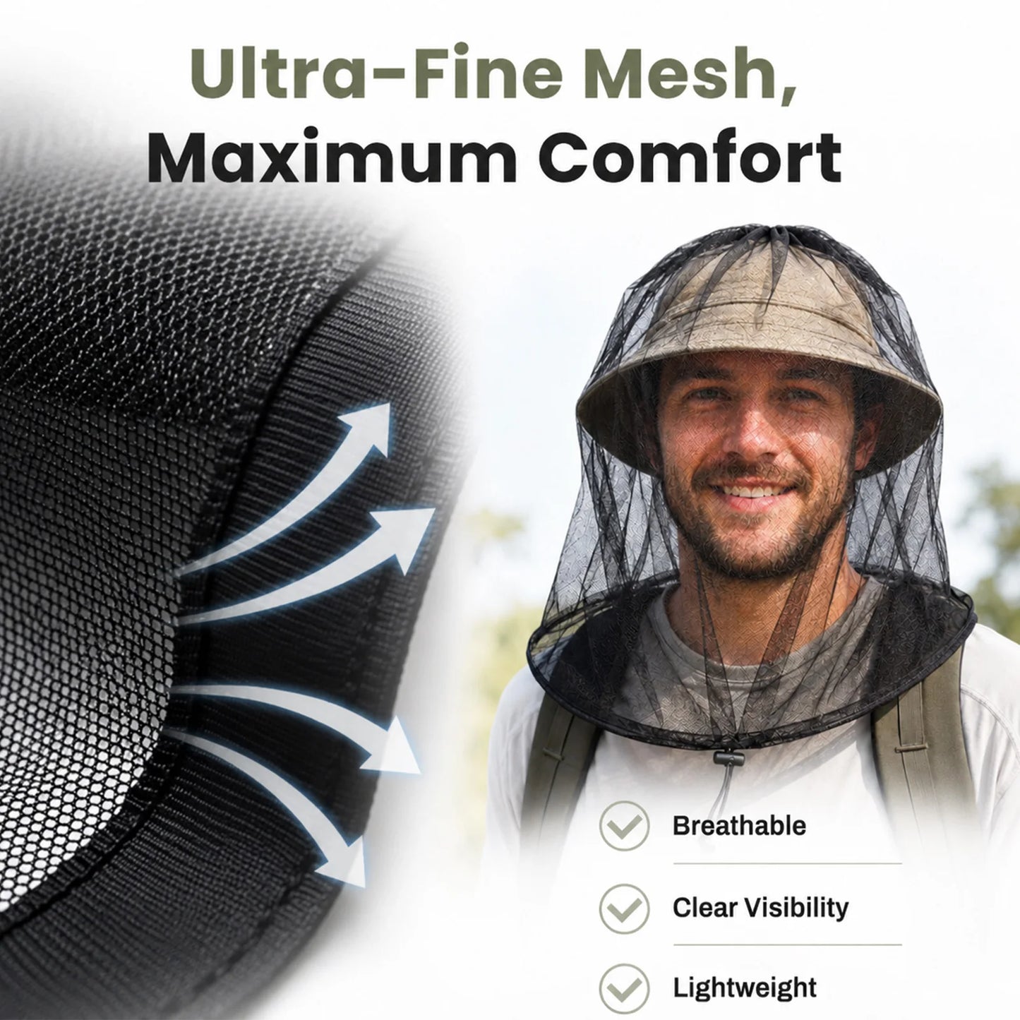 9KM Mosquito Head Net Breathable Bug Protection for Outdoor 2Pcs Mosquito Net with Adjustable Drawstring