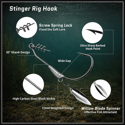 9KM Weighted Swimbait Hook with Underspin 12pcs Heavy Duty Weedless Worm Hook with Twist Lock Bass Fishing Hook