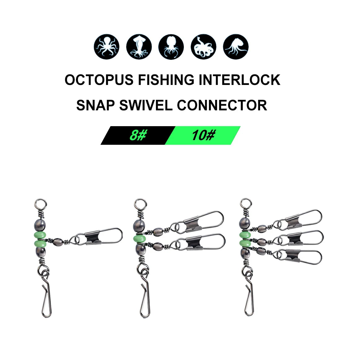 Squid Swivel with Glow Beads Luminous 10pcs 3 Way Swivel Fishing Pin Connector