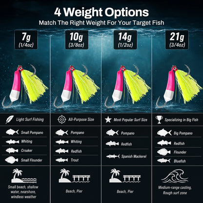 Pompano Jig with Teaser Hooks 5pcs Surf Fishing Jig Heads Saltwater Stand-Up Banana Shape Swimbait Jigs