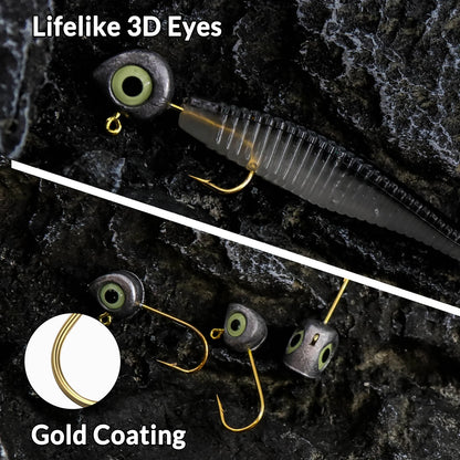 Swimbait Hook 10pcs Jig Head Hook with Luminous 3D Eyes Gold Soft Worm Hook