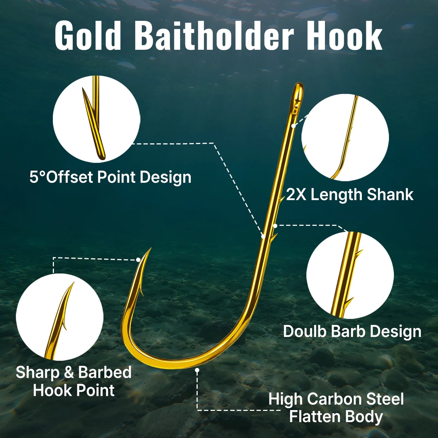 Long Shank Baitholder Hook 25-100pcs Double Barbed Gold Hook Offset Live Bait Hook