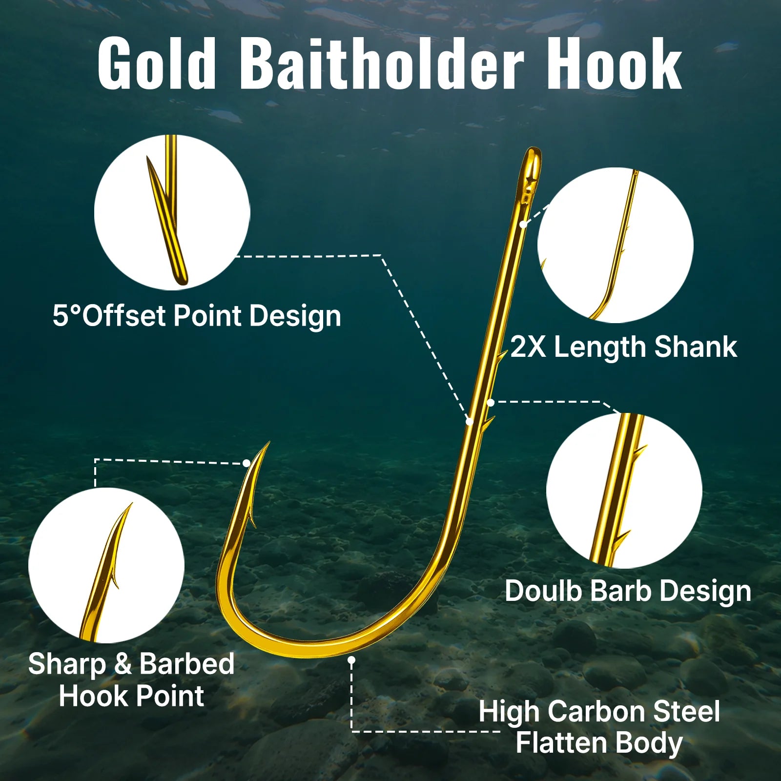  Long Shank Baitholder Hook 25-100pcs Double Barbed Gold Hook Offset Live Bait Hook