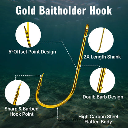  Long Shank Baitholder Hook 25-100pcs Double Barbed Gold Hook Offset Live Bait Hook
