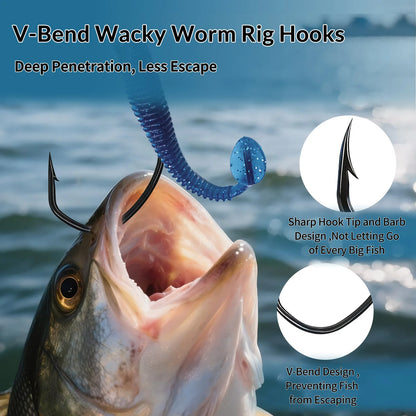 9KM Weedless Drop Shot Hooks 50-200pcs V-Bend Wide Gap Wacky Worm Rig Hooks Bass