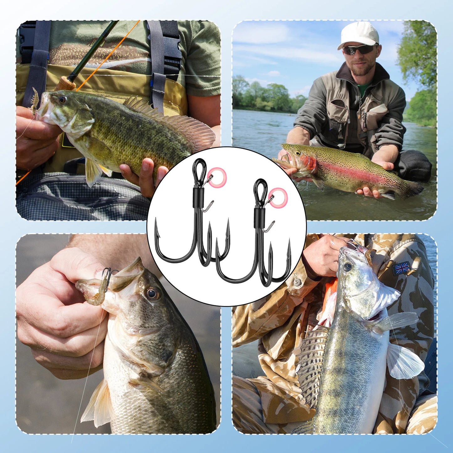 10PCS Black Treble Hooks with Bait Holder Ring High Carbon Steel