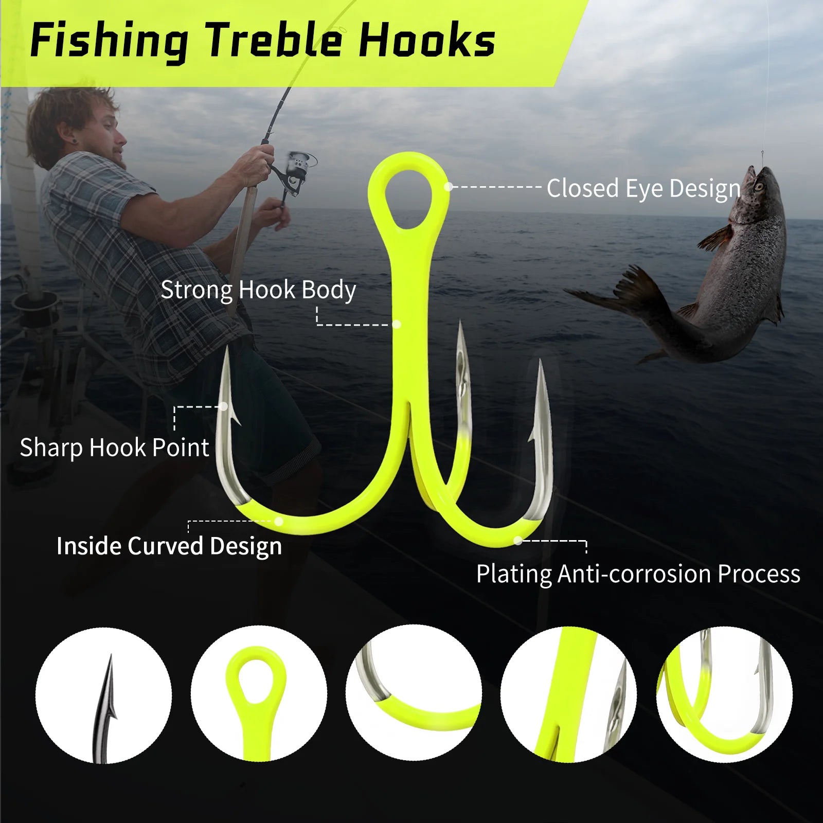 extreme multi hook fishing line Triple Hook Treble Hooks 2X Strong Fluorescent Green Ultra Violet (UV) – 9km-dwlife