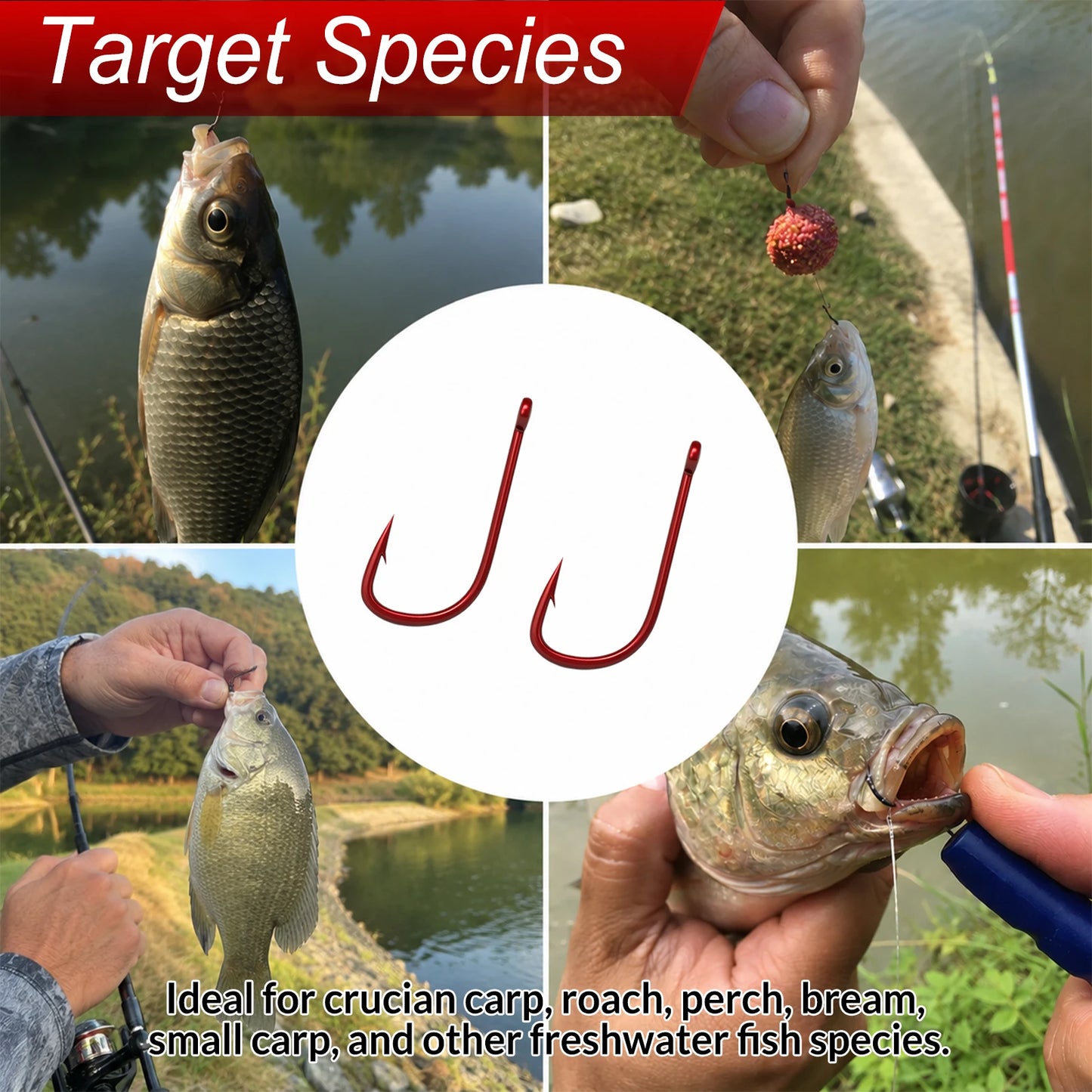 9KM Red Fine Wire Bait Hook 50-100pcs Match Fishing Hook for Crucian Carp Ultralight Bait Hook