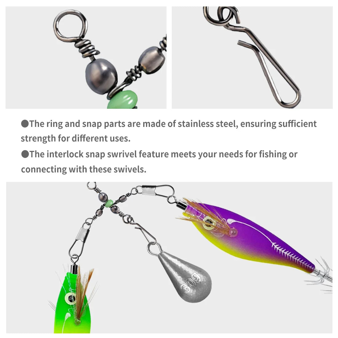 Squid Swivel with Glow Beads Luminous 10pcs 3 Way Swivel Fishing Pin Connector