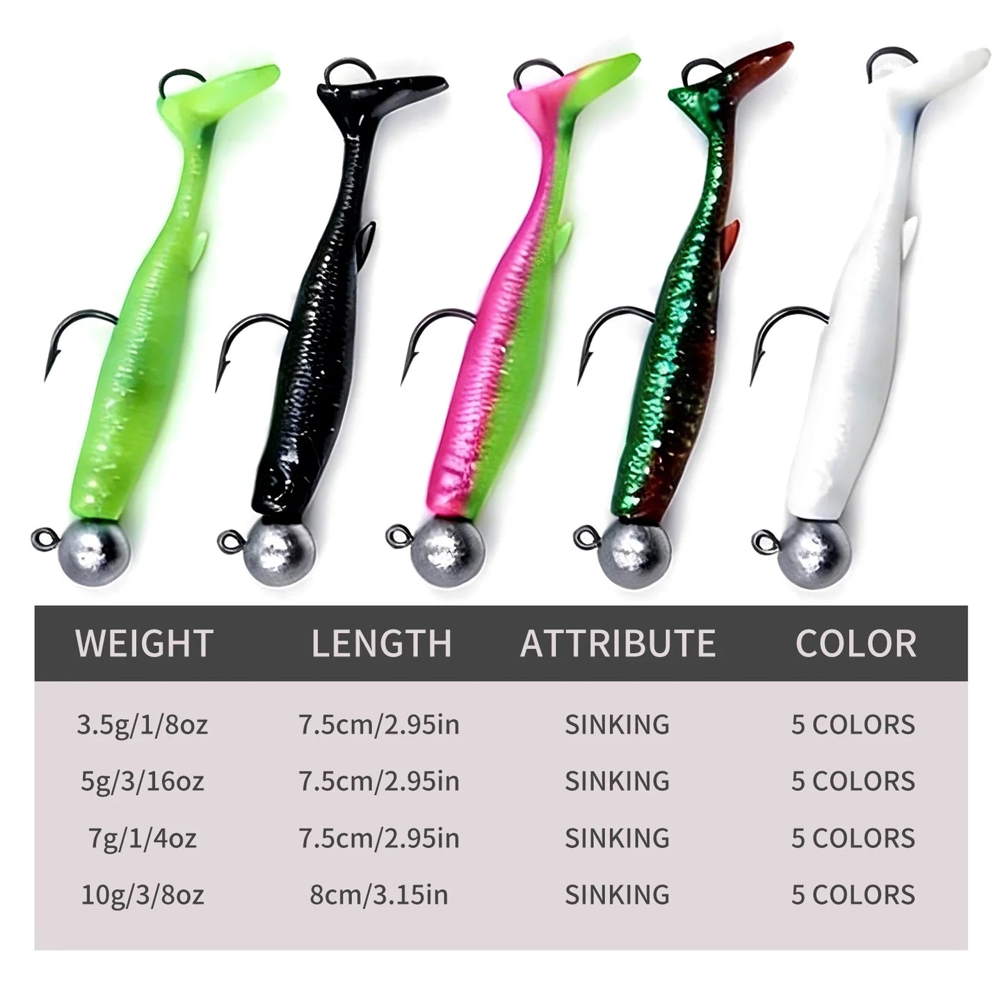 Soft Fishing Lure 5pcs/Set for Bass Fishing Paddle Tail Swim Baits Double Hooks Catfish Bait T-Tail Lures