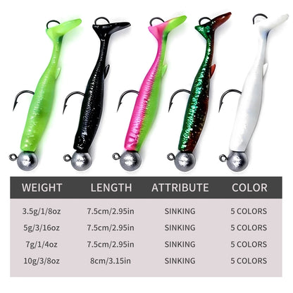 Soft Fishing Lure 5pcs/Set for Bass Fishing Paddle Tail Swim Baits Double Hooks Catfish Bait T-Tail Lures