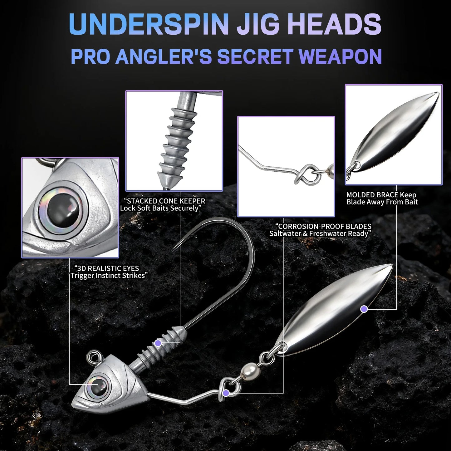 Underspin Jig Heads Hook 6pcs Fishing Swimbait Jig Hook with Spinner Blade