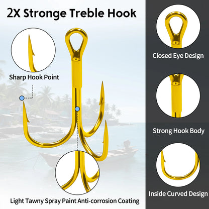 9KM Fishing Treble Hook 25pcs Gold Triple Hook Fishing Lure Replacement Hook for Saltwater 