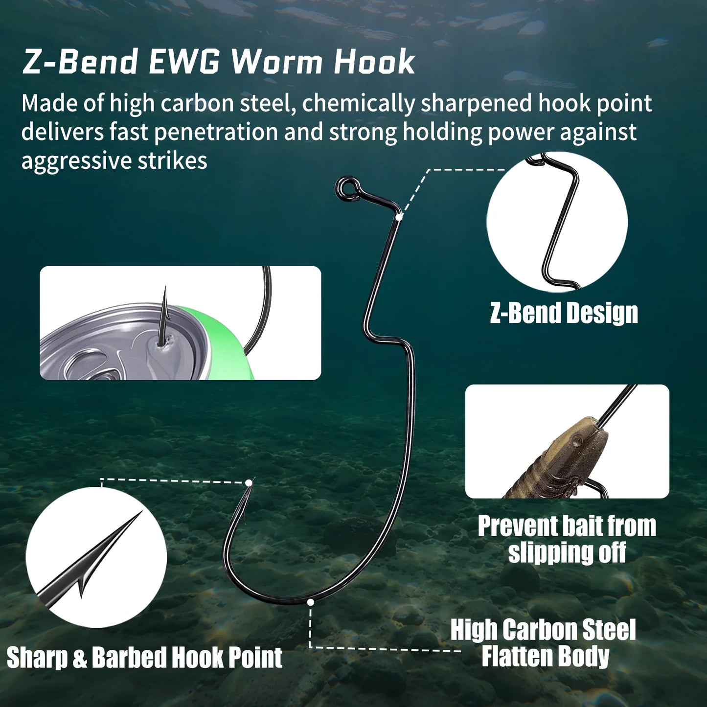9KM Z-Bend EWG Worm Hook 25pcs Non-offset Soft Plastic Hook for Texas Rig Carolina Rig