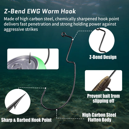 9KM Z-Bend EWG Worm Hook 25pcs Non-offset Soft Plastic Hook for Texas Rig Carolina Rig