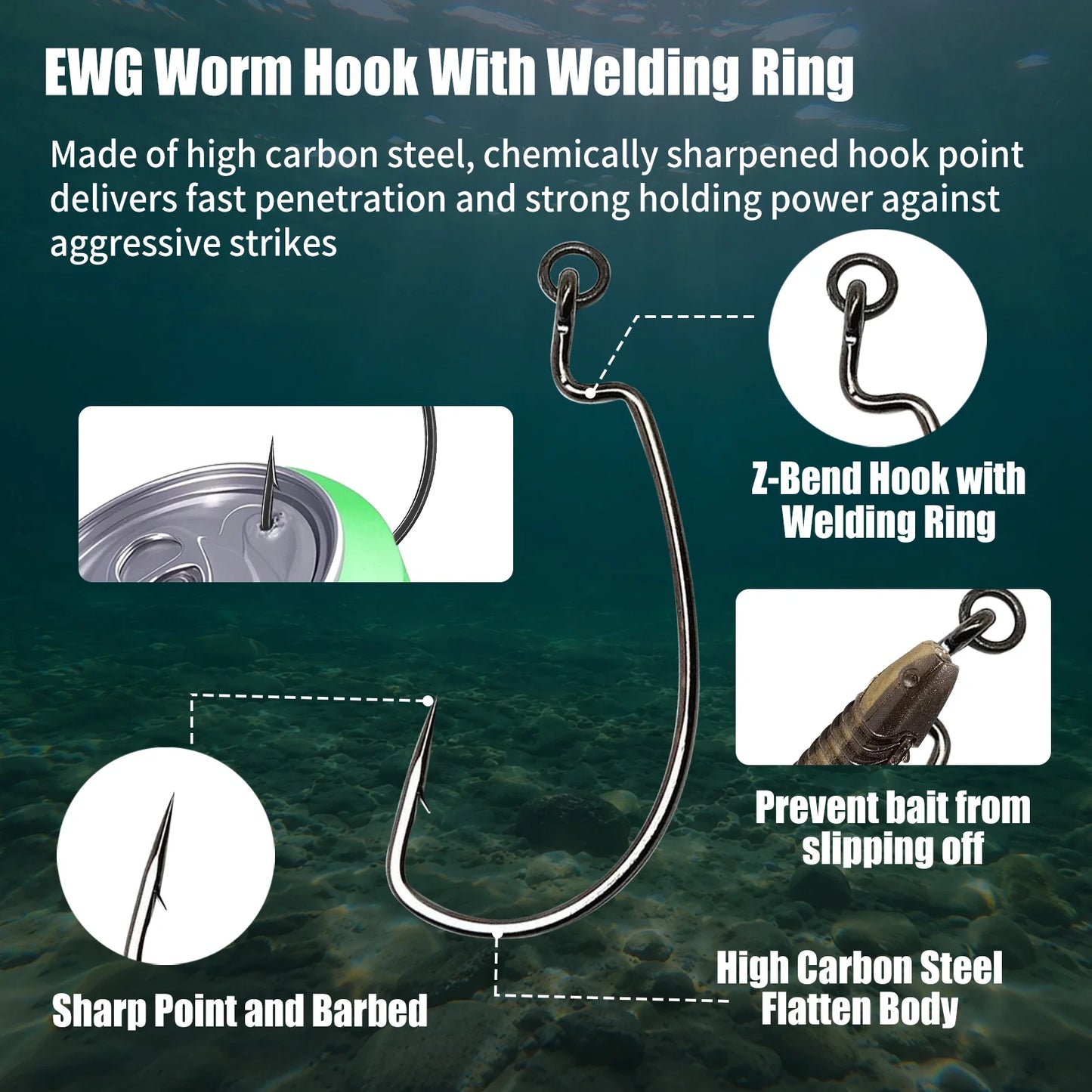 9KM Ringed EWG Worm Hook 25pcs Soft Worm Hook for Zander Bass Fishing Soft Plastic Lure Hook for Texas Rig Free Rig