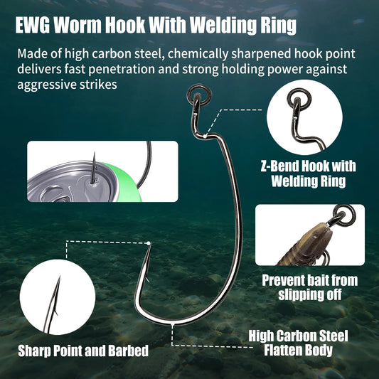 9KM Ringed EWG Worm Hook 25pcs Soft Worm Hook for Zander Bass Fishing Soft Plastic Lure Hook for Texas Rig Free Rig