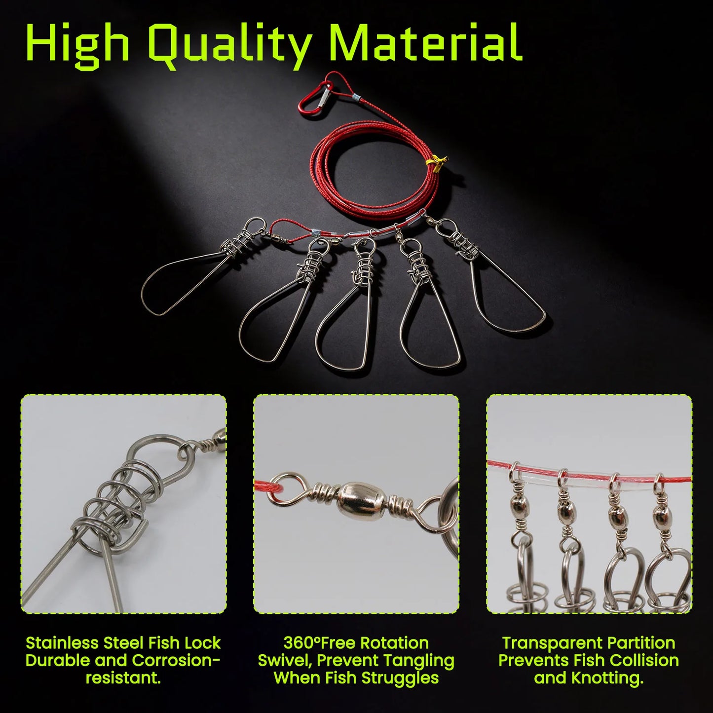 5 Clips Fishing Stringer Stainless Steel Fish Lock Red Rope Holder