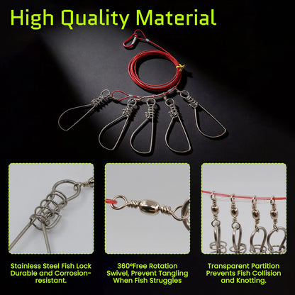 5 Clips Fishing Stringer Stainless Steel Fish Lock Red Rope Holder