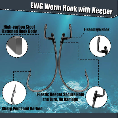 9KM EWG Worm Hook with Silicone Keeper 10 Set Fishing Worm Hook for Soft Lure Texas Carolina Rig 