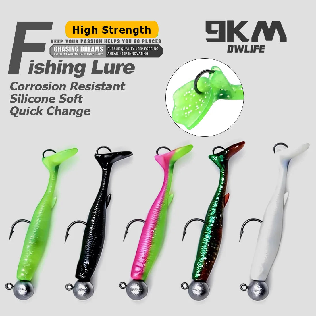 Soft Fishing Lure 5pcs/Set for Bass Fishing Paddle Tail Swim Baits Double Hooks Catfish Bait T-Tail Lures